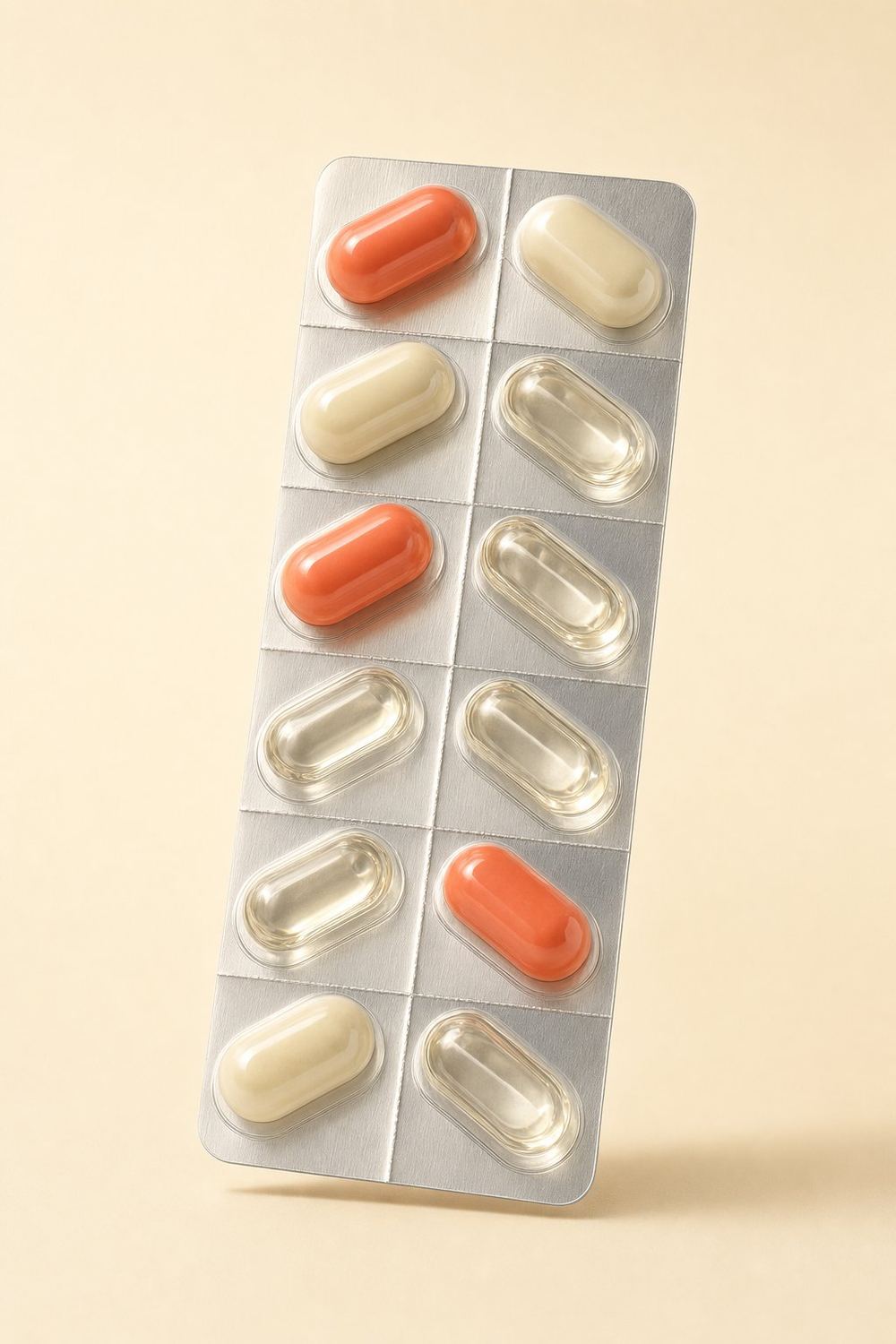A Tcompack skincare strip with twelve sealed coral and cream pods, standing upright on a warm surface